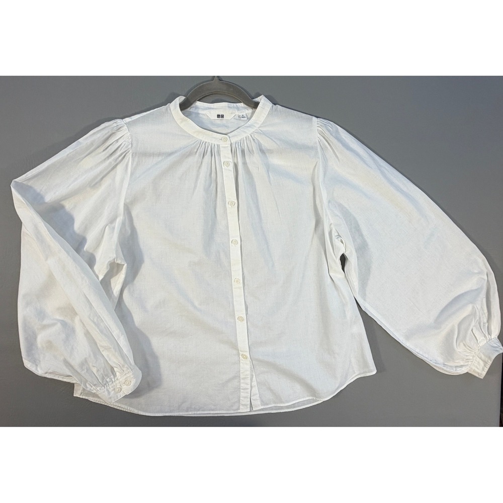 UNIQLO Blouse Women M White Excellent Balloon Sleeve Band Collar Cotton Top